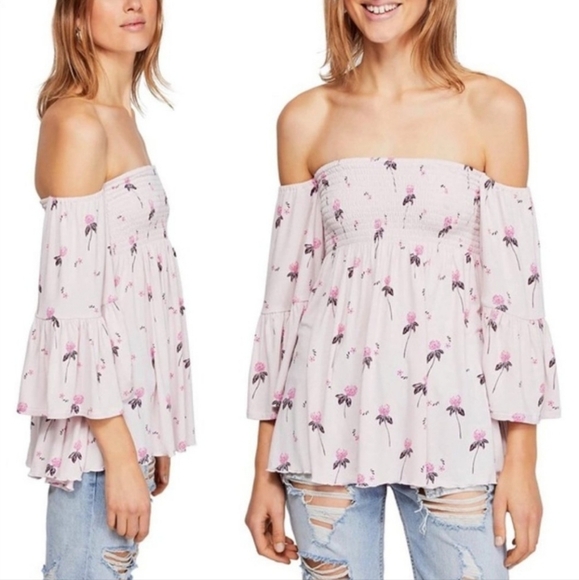Free People Lana Off-The-Shoulder Top with Printed Cloudberries. - Picture 1 of 10